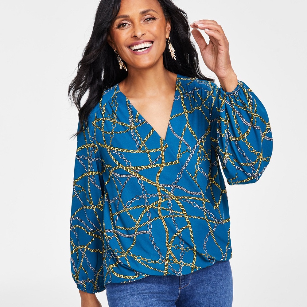INC Teal Green Chain Print Surplice Faux Wrap Blouse M Medium $75 EUC KL